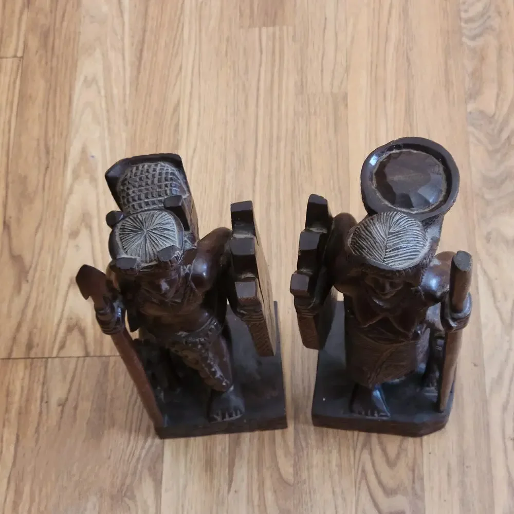 Vintage Latin American Carved Wood Book ends Statues Men and Women with dog